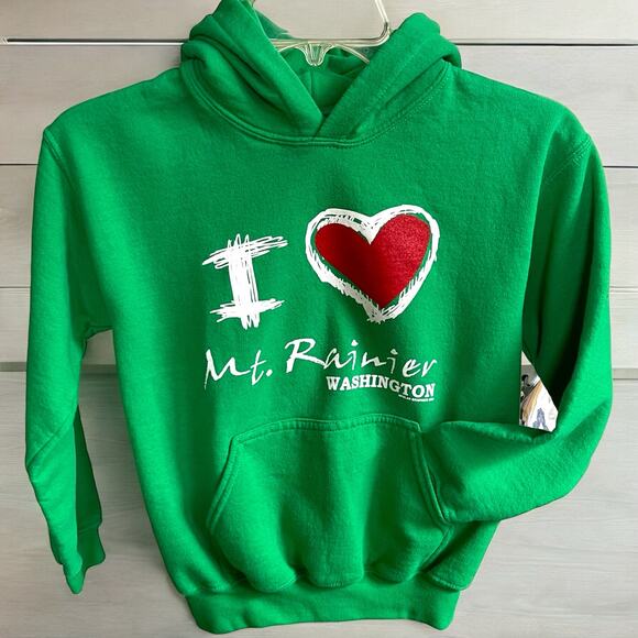 I Love Mount Rainier Bright Green Hoodie Sweatshirt With Front Pocket Kid Size M - Picture 1 of 9
